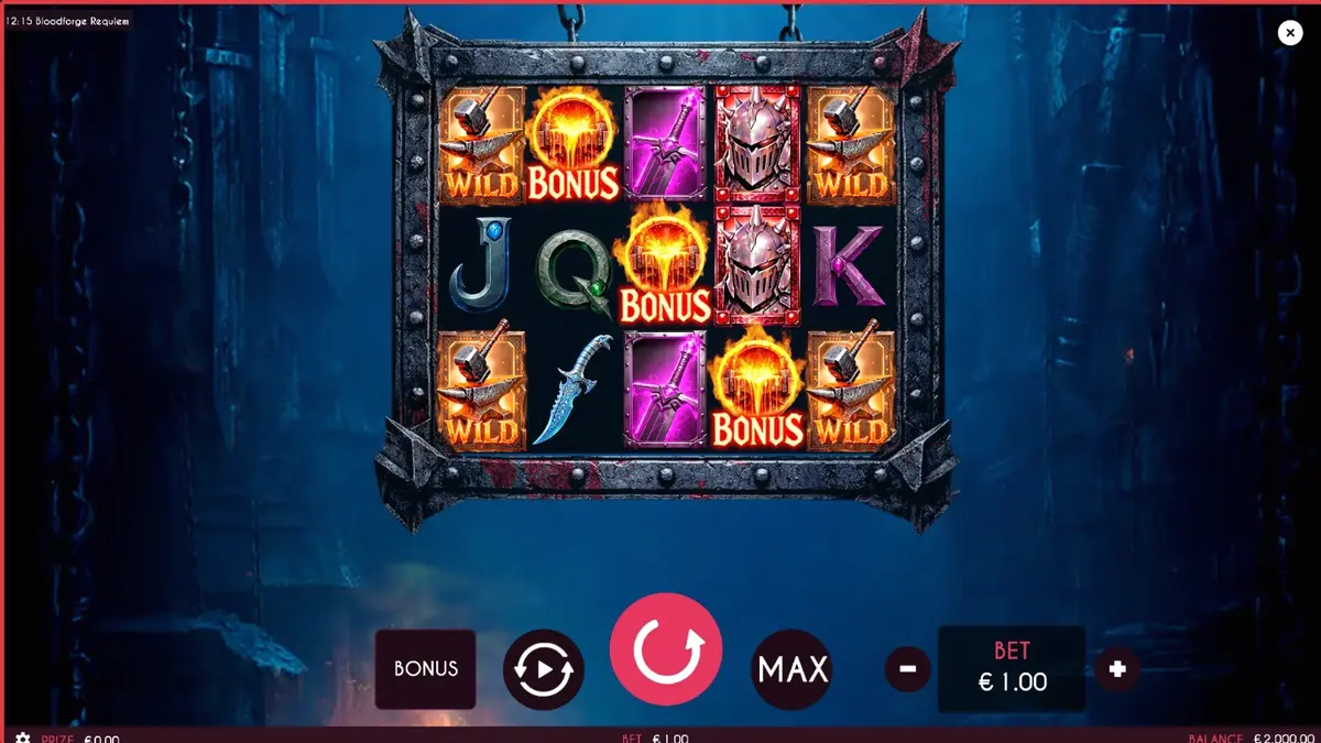 Cena de batalha épica no slot Bloodforge Requiem com elementos de fogo e aço
