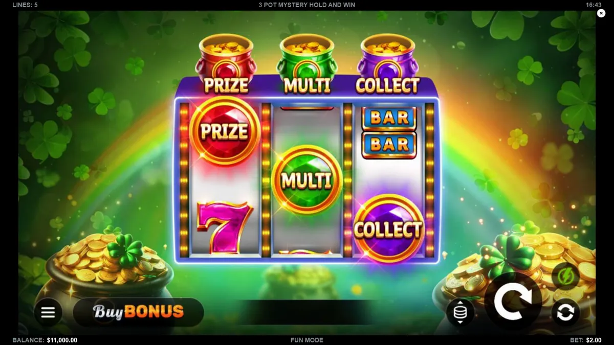 Interface do jogo de slot 3 Pot Mystery Hold and Win com símbolos dourados e potes de tesouro.